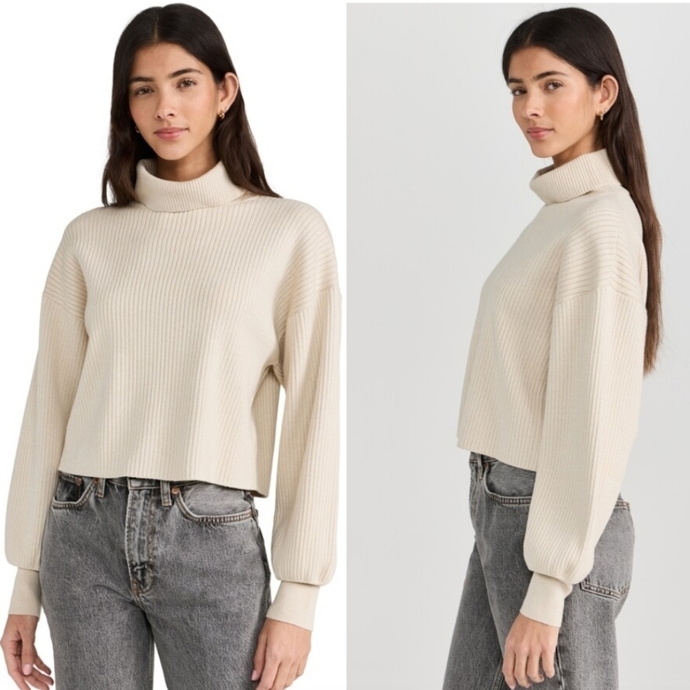 Good American Rib Knit Cream Cropped Turtleneck Pullover